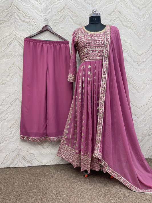 Mesmerizing Sequence Work Pink Color Nayra Cut Kurta Set