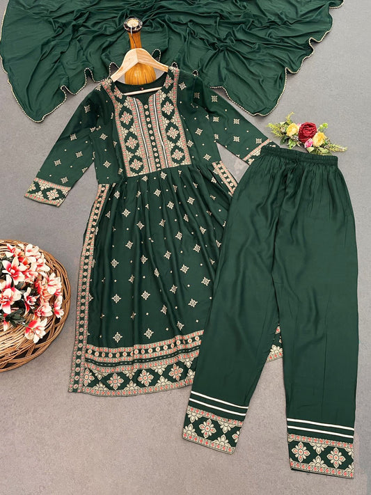 Precious Reyon Foil Print Green Color Salwar Suit