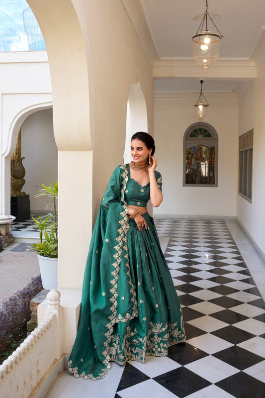 Imposing Gold Crush Teal Green Color Lehenga