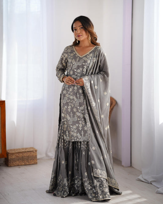 Grey Color Full Work Fabulous Sharara Suit