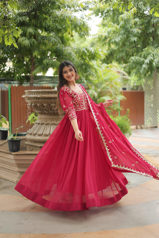 Graceful Embroidery Sequence Work Pink Color Gown
