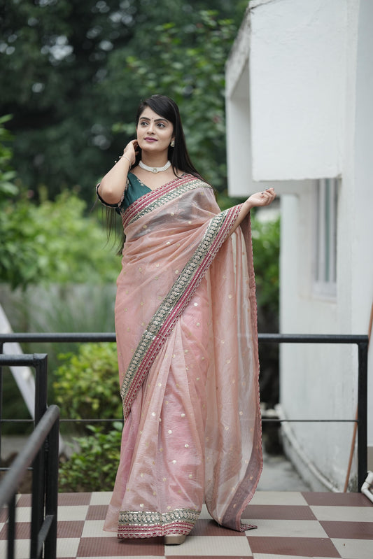 Party Wear Embroidery Work Peach Color Designer Saree