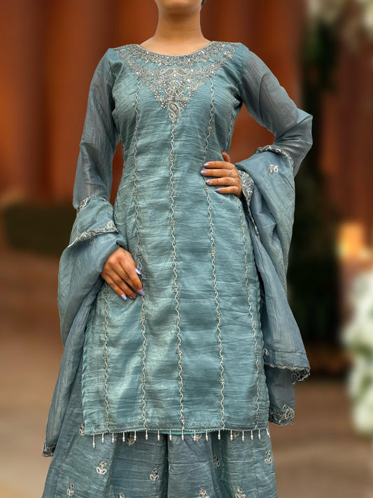 Designer Crush Silk Teal Blue Color Palazzo Suit