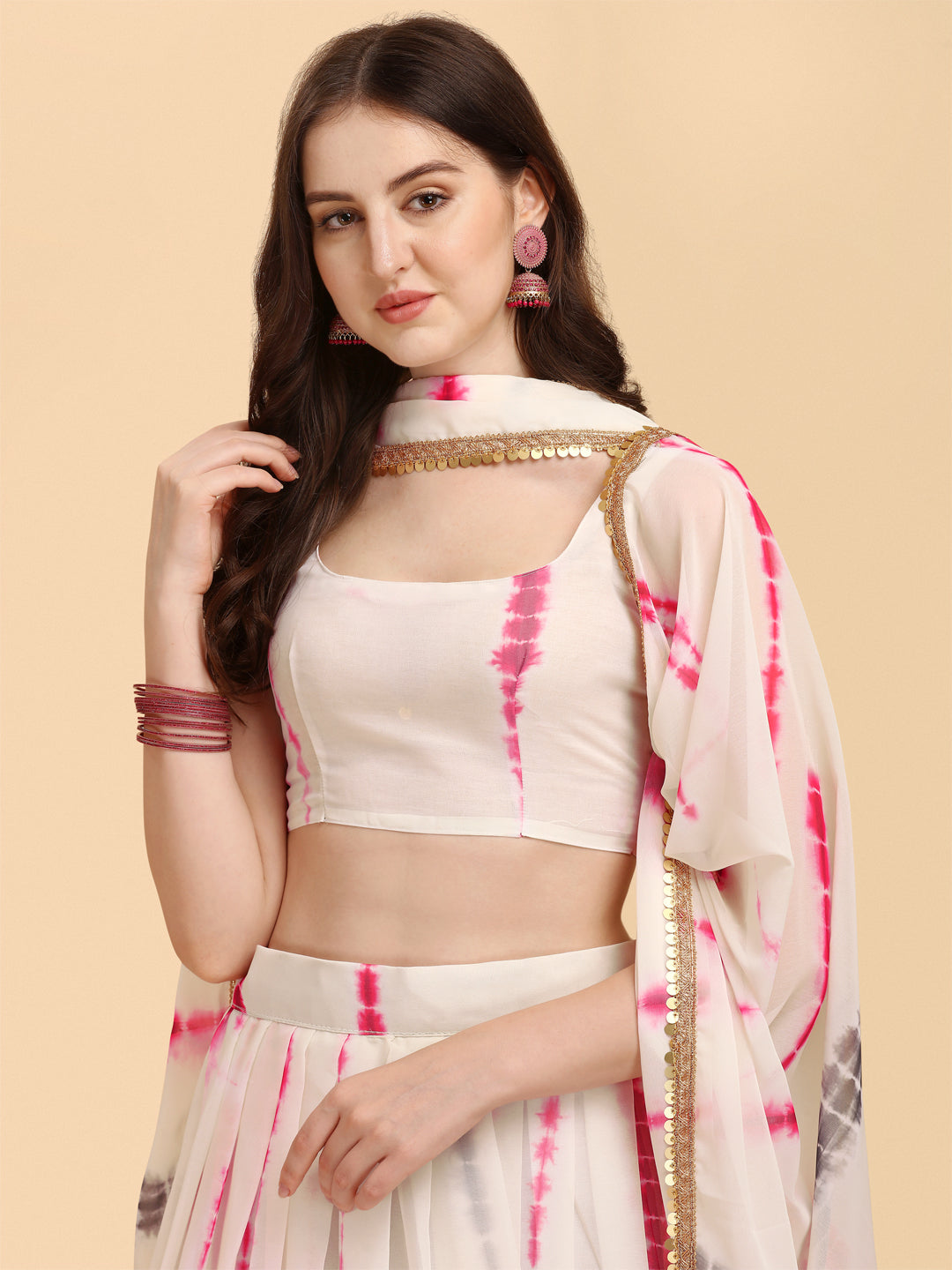 White And Pink Color Shibori Print Lehenga Choli