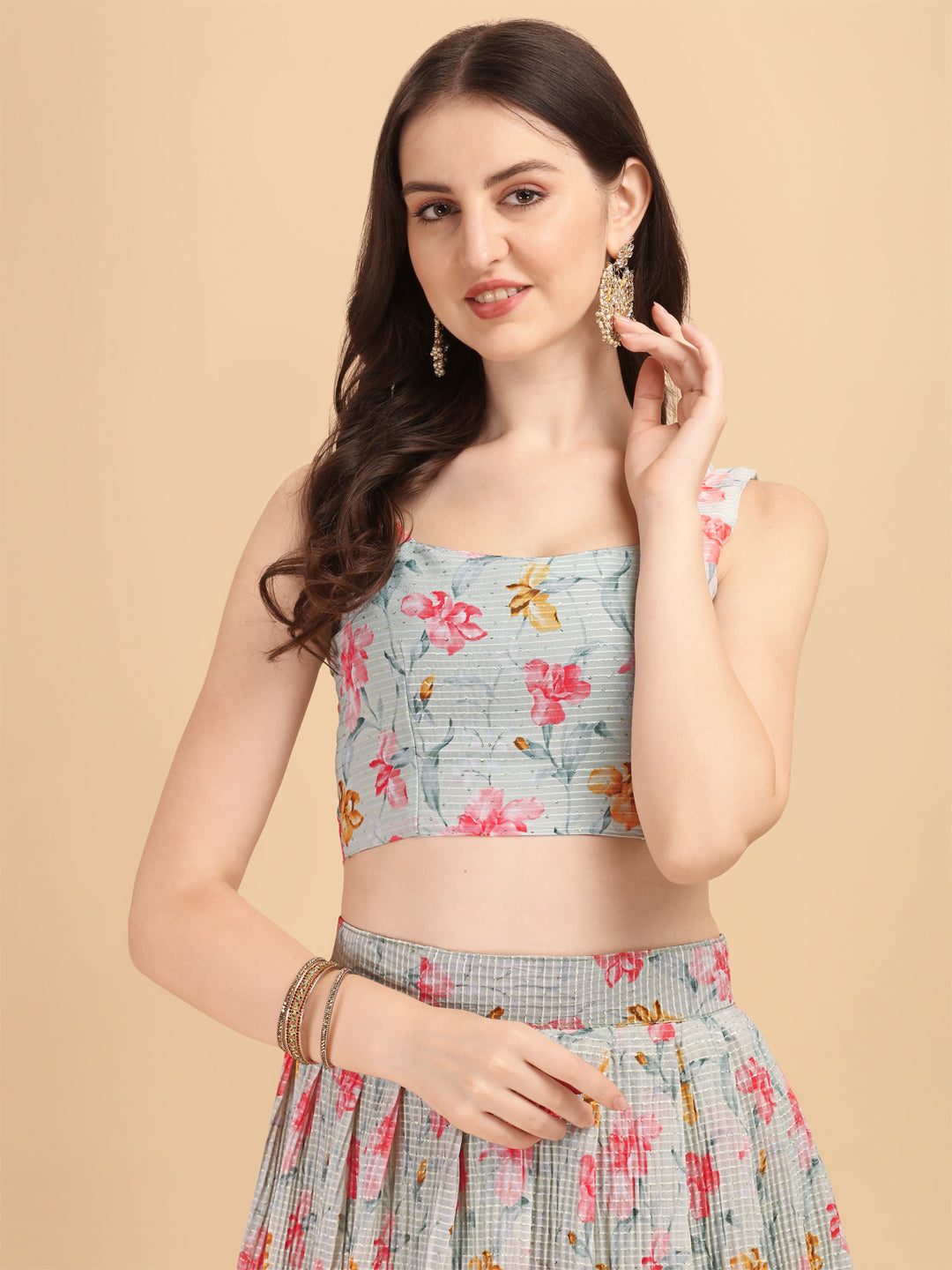 Pista Color Crochet Sequence Work Floral Printed Crushed Lehenga Choli