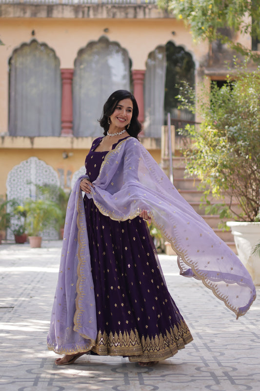 Classy Embroidery Sequence Work Purple Color Gown