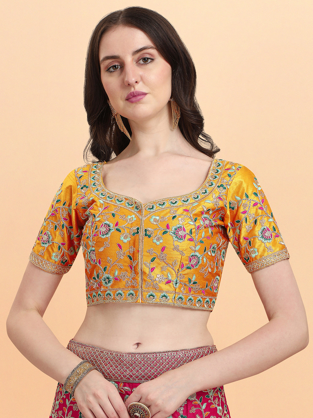 Yellow With Pink Color Sequence Embroidered Work Silk Lehenga Choli