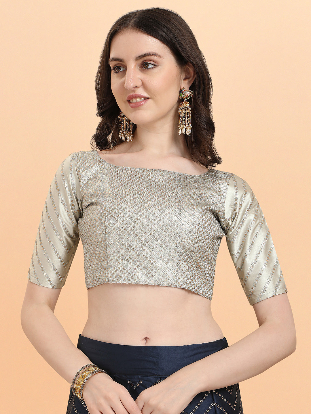 Navy Blue With Beige Color Sequence Work Satin Silk Lehenga Choli
