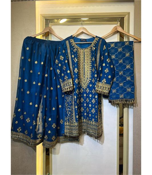 Look Designer Thread With Sequence Work Blue Color Sharara Suit