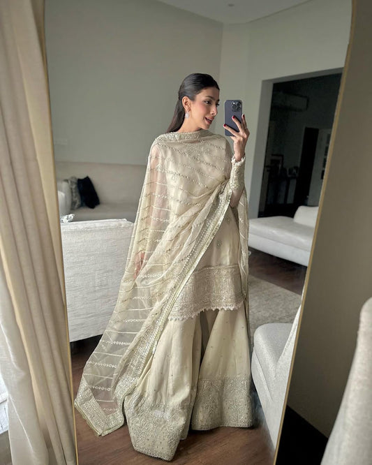 Beautiful Chinon Embroidery Work Cream Color Sharara Suit