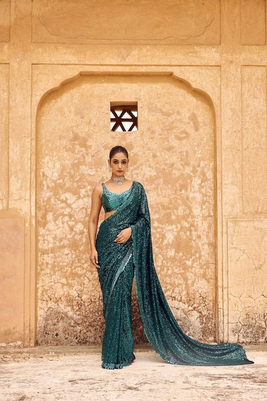 Ravishing Sequence Work Teal Blue Color Designer Saree