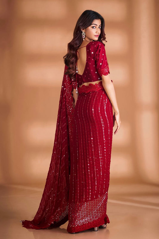Pattern Wedding & Party Wear Embroidery Work Red Color Saree