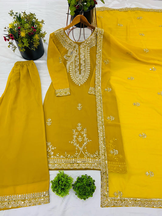 Outstanding Yellow Color Sequence Work Palazzo Suit