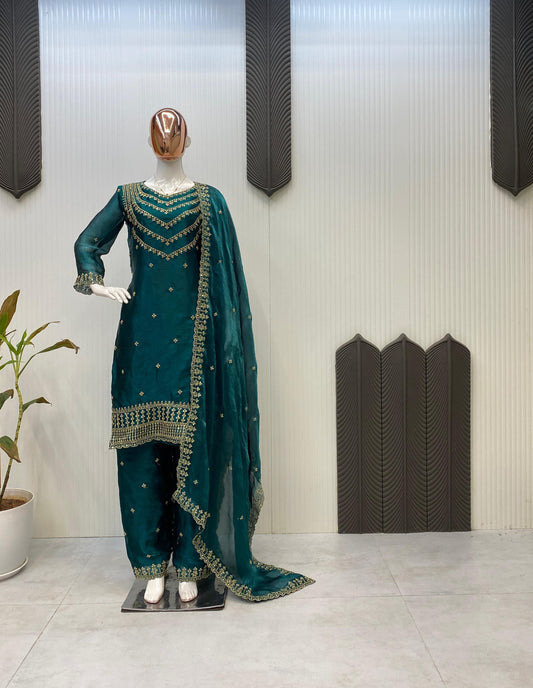 Good Looking Embroidery Work Teal Green Color Palazzo Suit