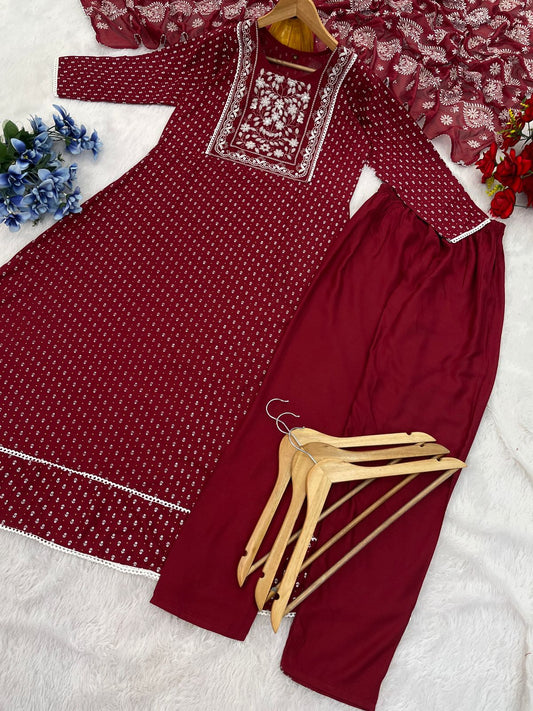 Charming Reyon With Foil Print Maroon Color Anarkali Suit