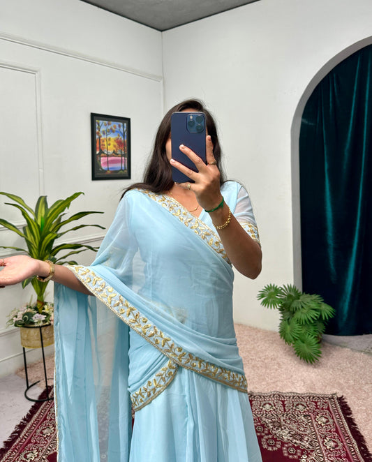 Good Looking Embroidery Work Sky Blue Color Saree Gown