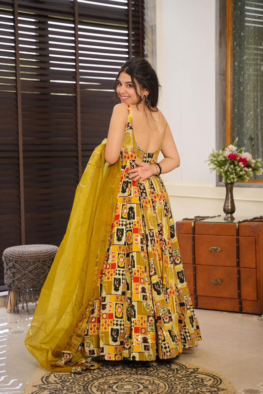 Beautiful Organza Silk Digital Print Yellow Color Anarkali Gown