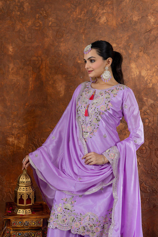 Outstanding Chinon Silk Lavender Color Palazzo Suit