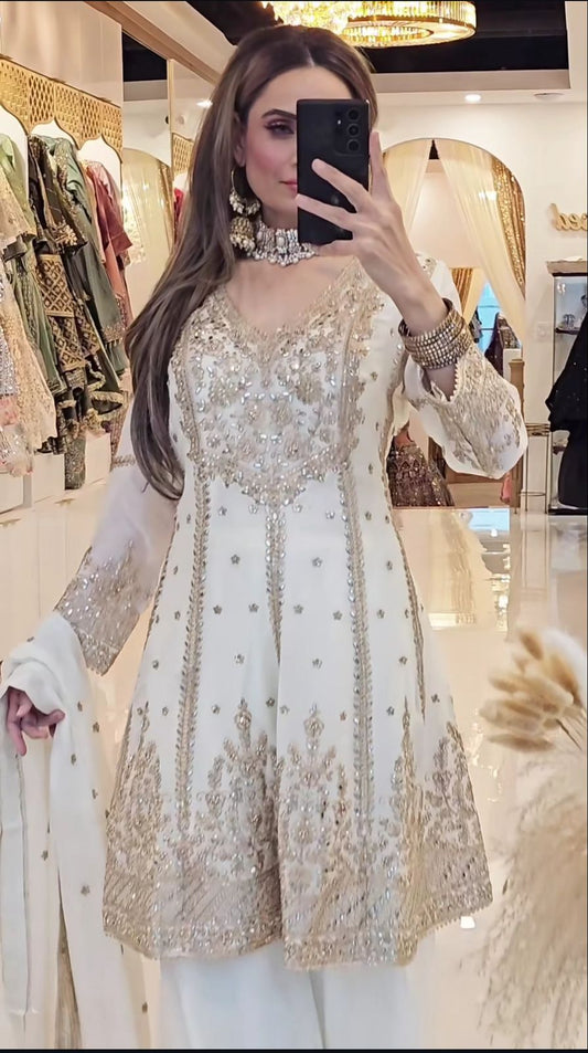 Flattering White Color Heavy Work Sharara Suit