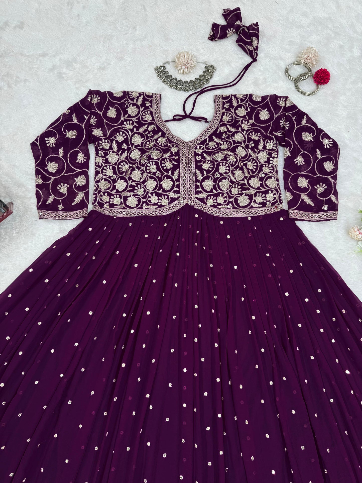 Embellished Gorgette Sequnce Work Wine Color Gown