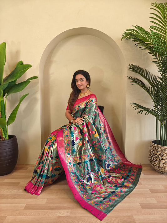 Wonderful Paithani Silk Teal Green Color Saree