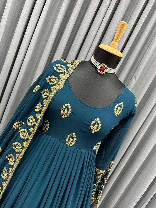 Gorgeous Teal Blue Color Sequence Embroidery Work Gown