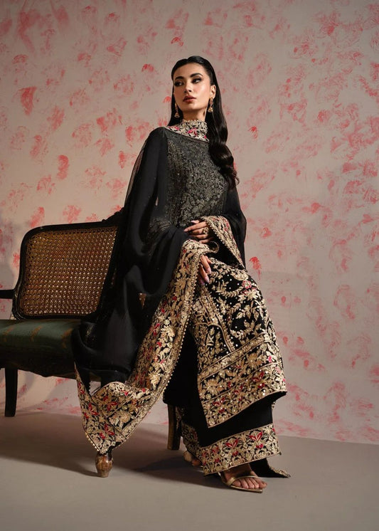 Pattern Wedding & Party Wear Moti Work Black Color Sharara Suit