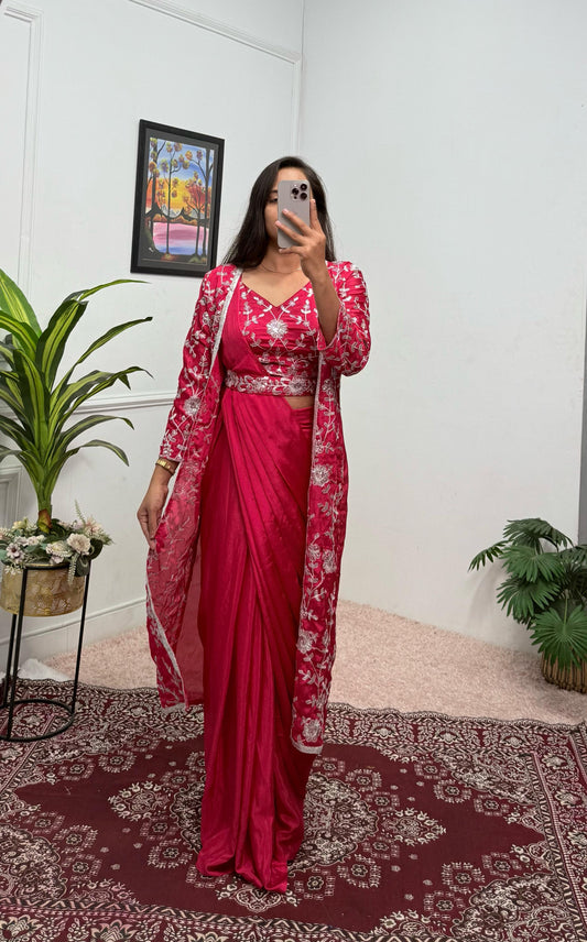 Unique Chinon Silk Pink Color Saree With Koti