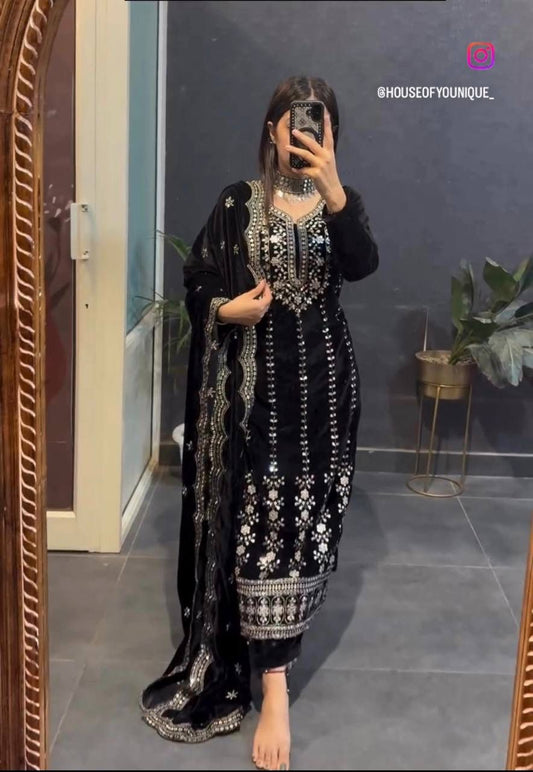 Beautiful Black Color Velvet 5mm Sequence Work Salwar Suit