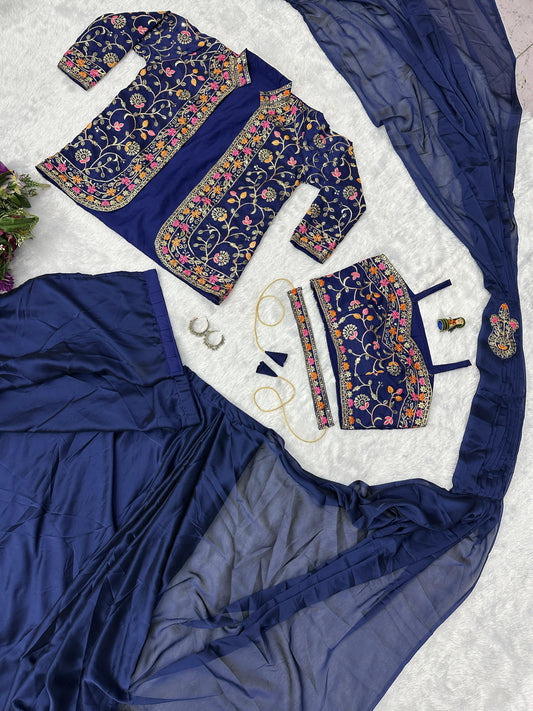 Wedding Wear Rangoli Silk Navy Blue Color Saree With Koti