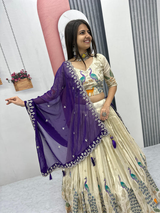 Pattern Wedding & Party Wear White Color With Purple Dupatta Lehenga Choli
