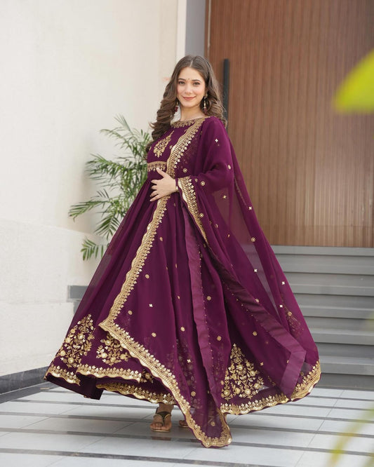 Designer Heavy Work Wine Color Gown