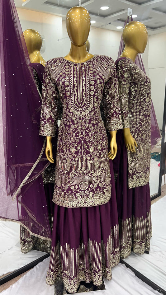 Mesmerizing Sequence Work Wine Color Sharara Suit