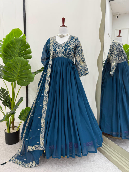 Flattering Heavy Work Navy Blue Color Gown