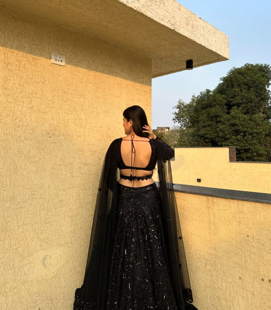 Captivating Georgette Embroidery Black Color Lehenga Choli