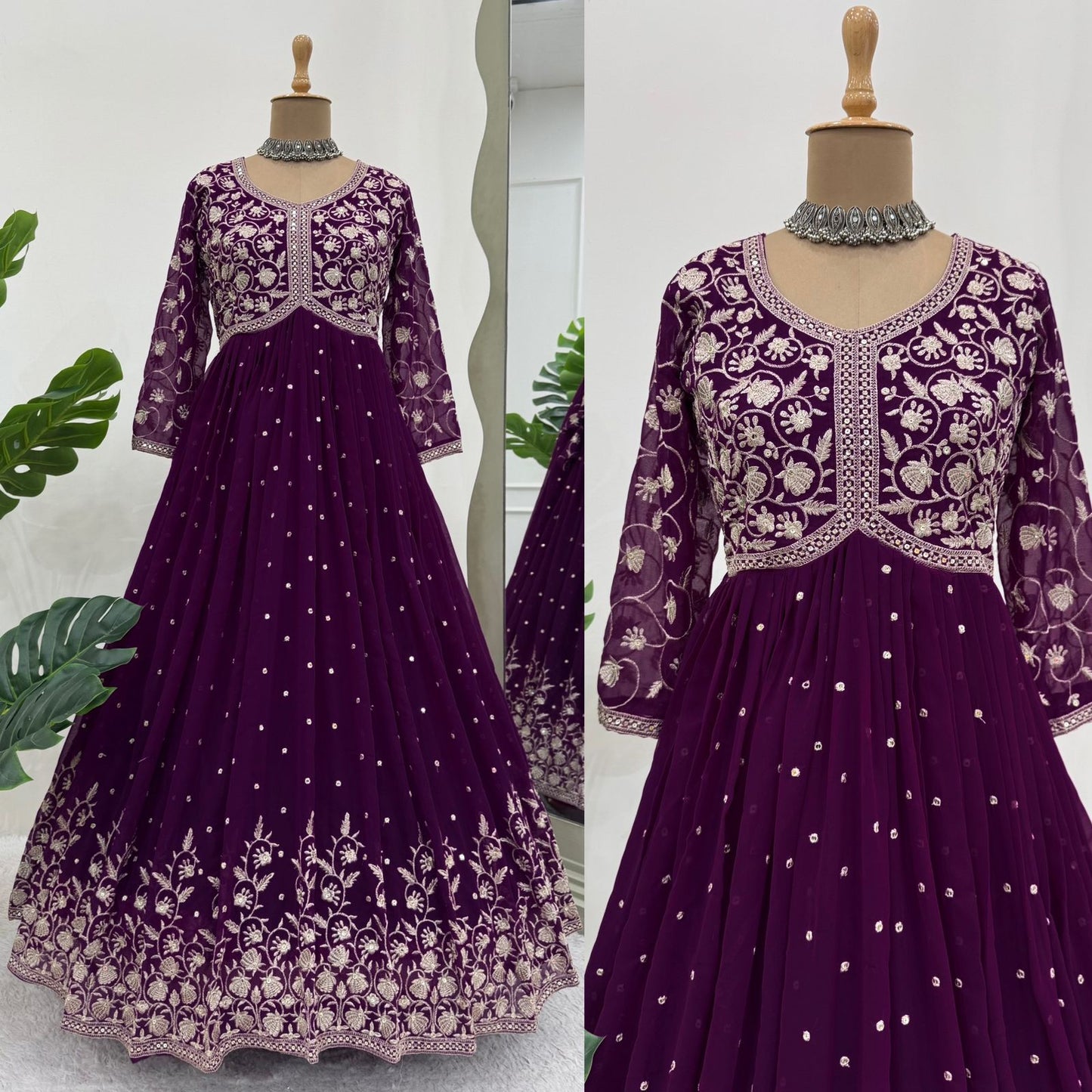 Embellished Gorgette Sequnce Work Wine Color Gown