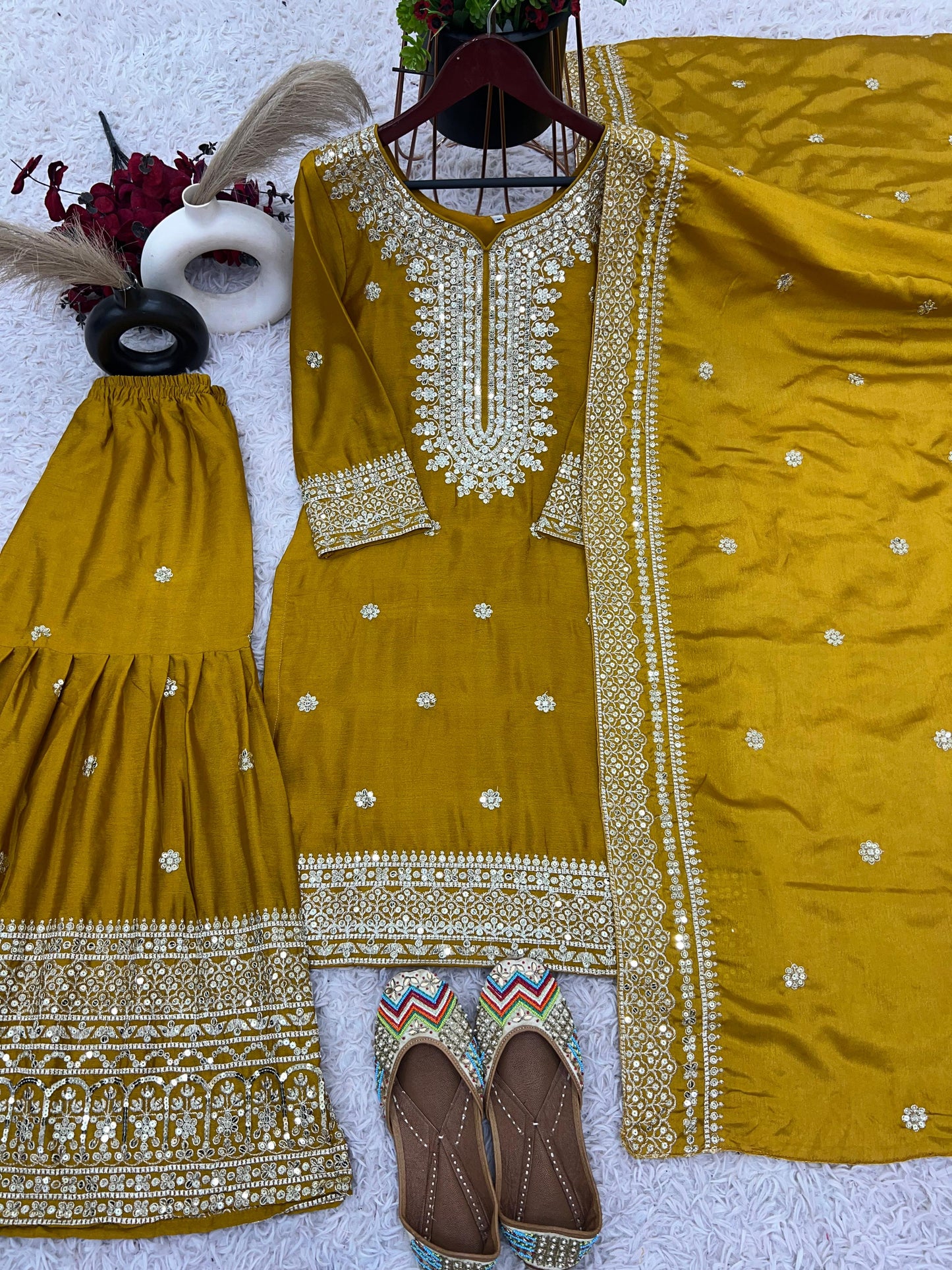 Elegant Embroidery Sequence Work Mustard Color Sharara Suit