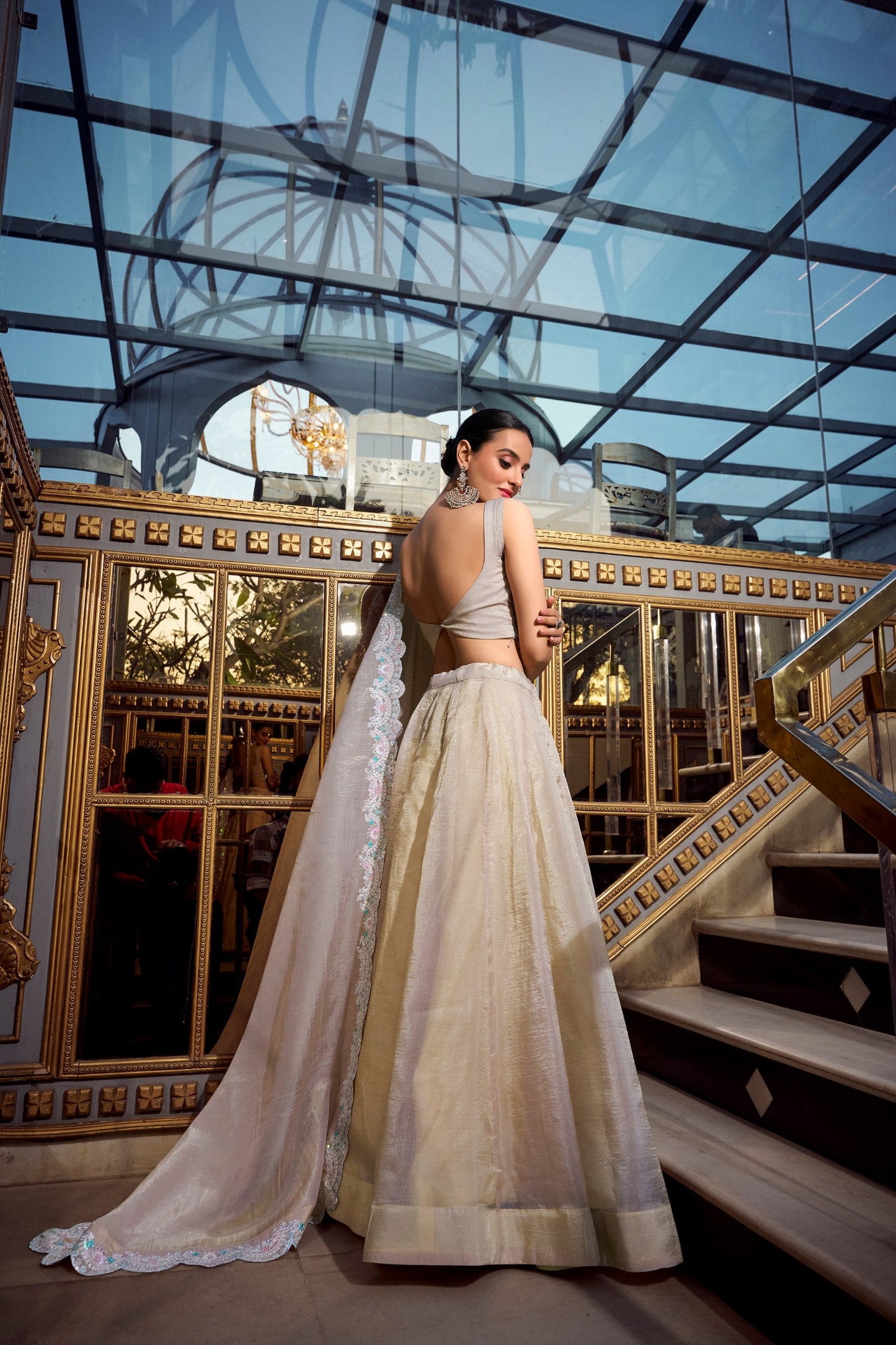 Luxuriant Cream Color Gold Crush Lehenga With Sequins And Thread Embroidery With Jarkan Diamond Work Blouse
