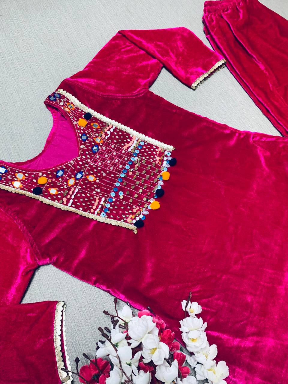 Hand Work Pink Color Velvet Top With Pant