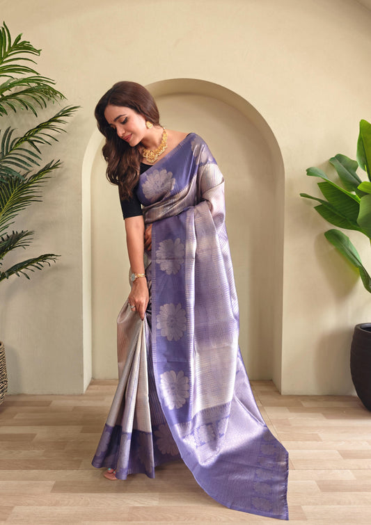 Lavender Color Flower Print Silk Saree