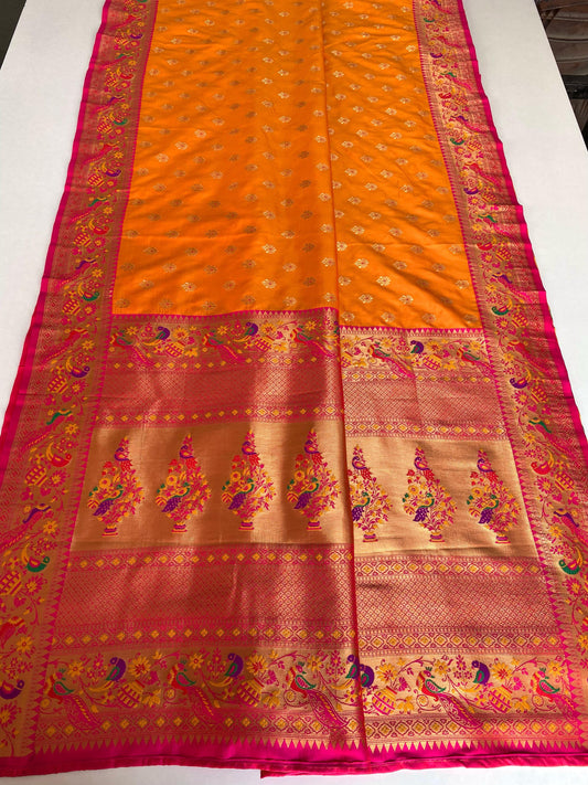 Occasion Wear Meenakari Butti Orange Color Paithani Silk Saree