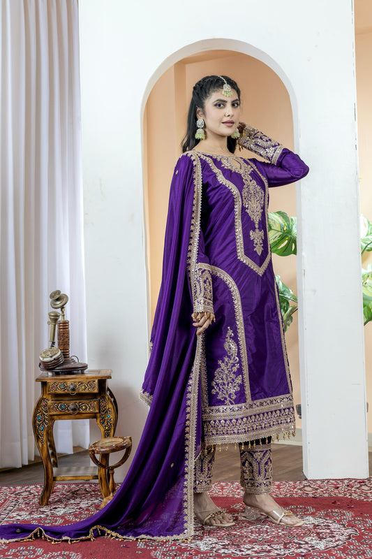 Imposing Chinon Silk Purple Color Top With Plazzo