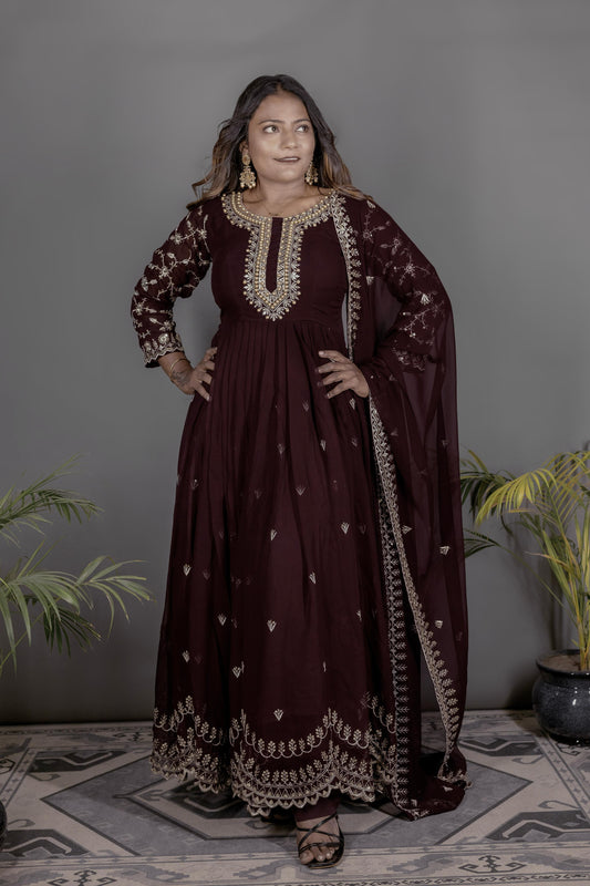 Peaceful Georgette Moti Work Wine Color Gown