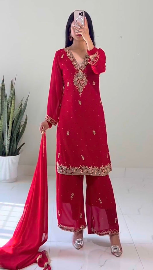 Ravishing Red Georgette Embroidery Palazzo Suit