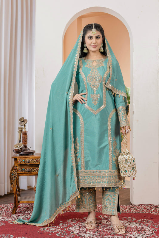 Imposing Chinon Silk Teal Blue Color Top With Plazzo