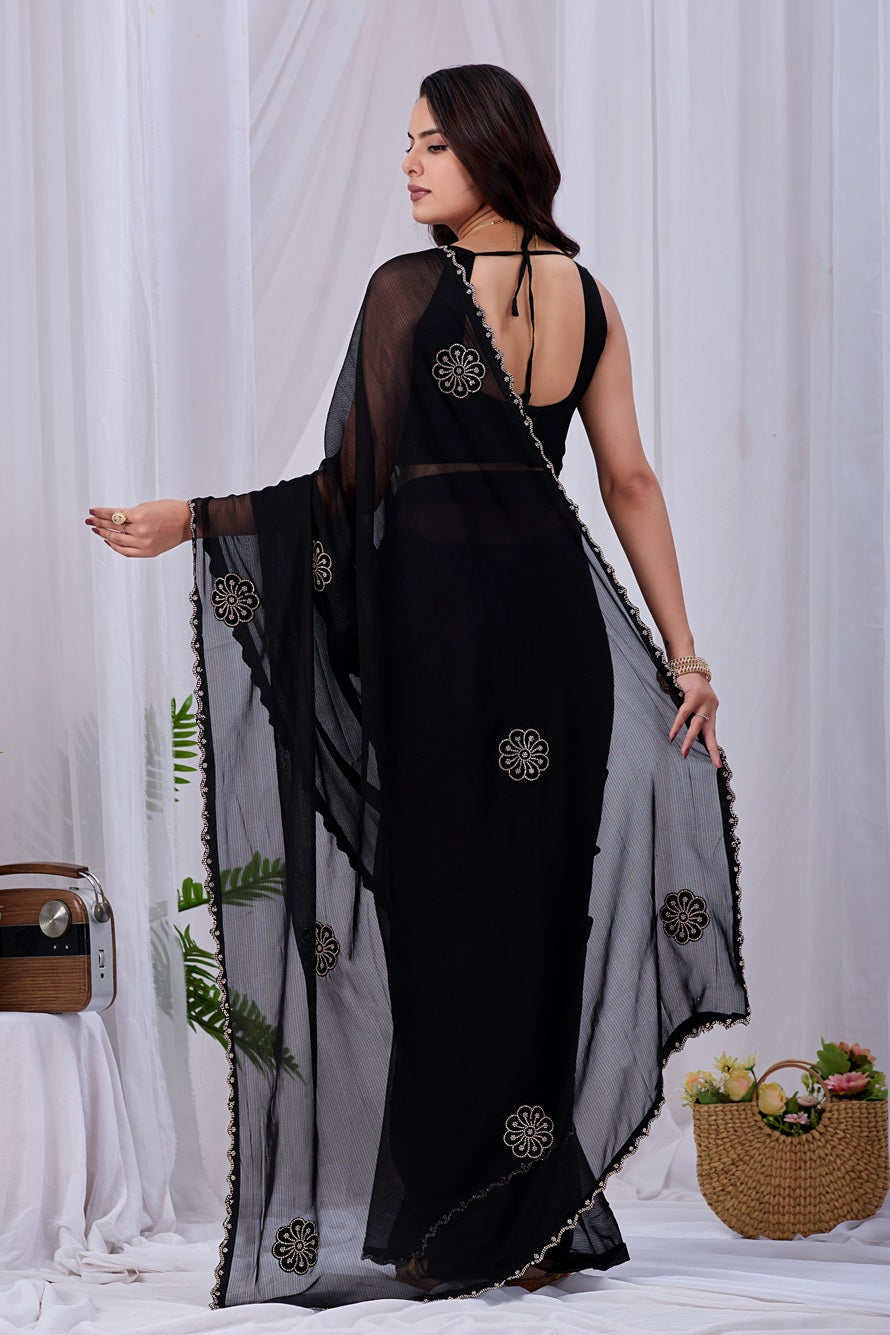 Black Georgette Saree with Blouse Piece – Floral Embroidered Border Party Wear Saree for Women