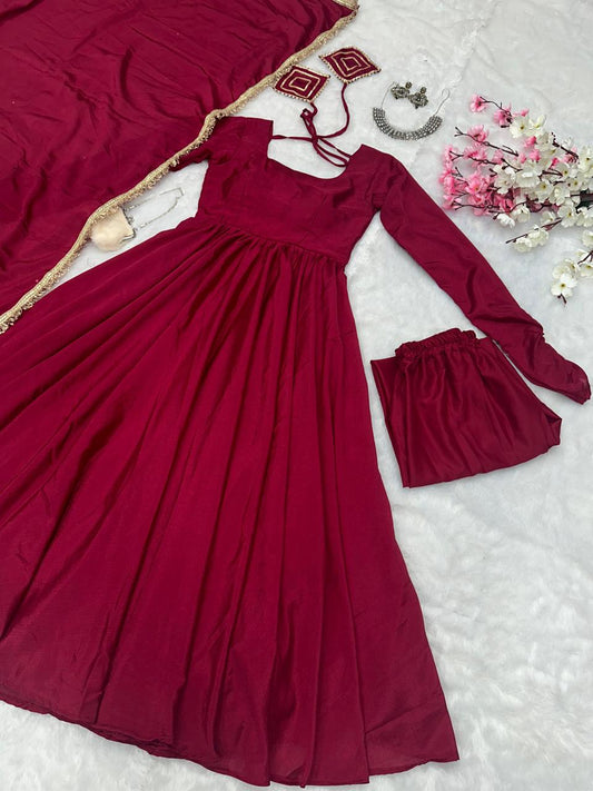 Peaceful Maroon Color Chinnon Silk Anarkali Gown