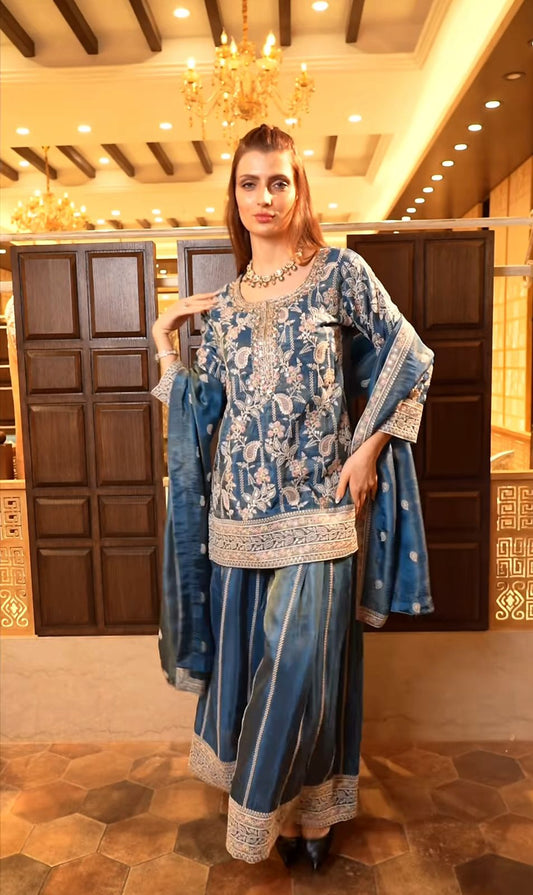 Designer Blue Color Embroidery Work Sharara Suit