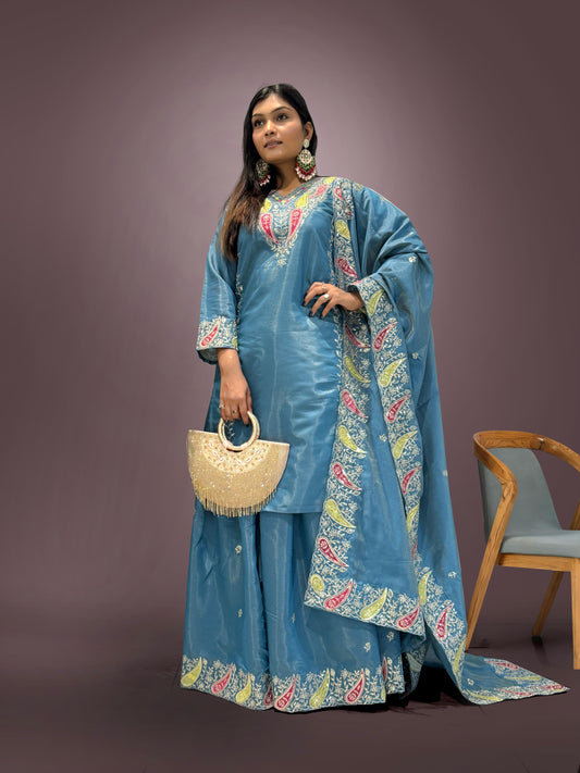 Imposing Roman Embroidery Work Blue Color Palazzo Suit