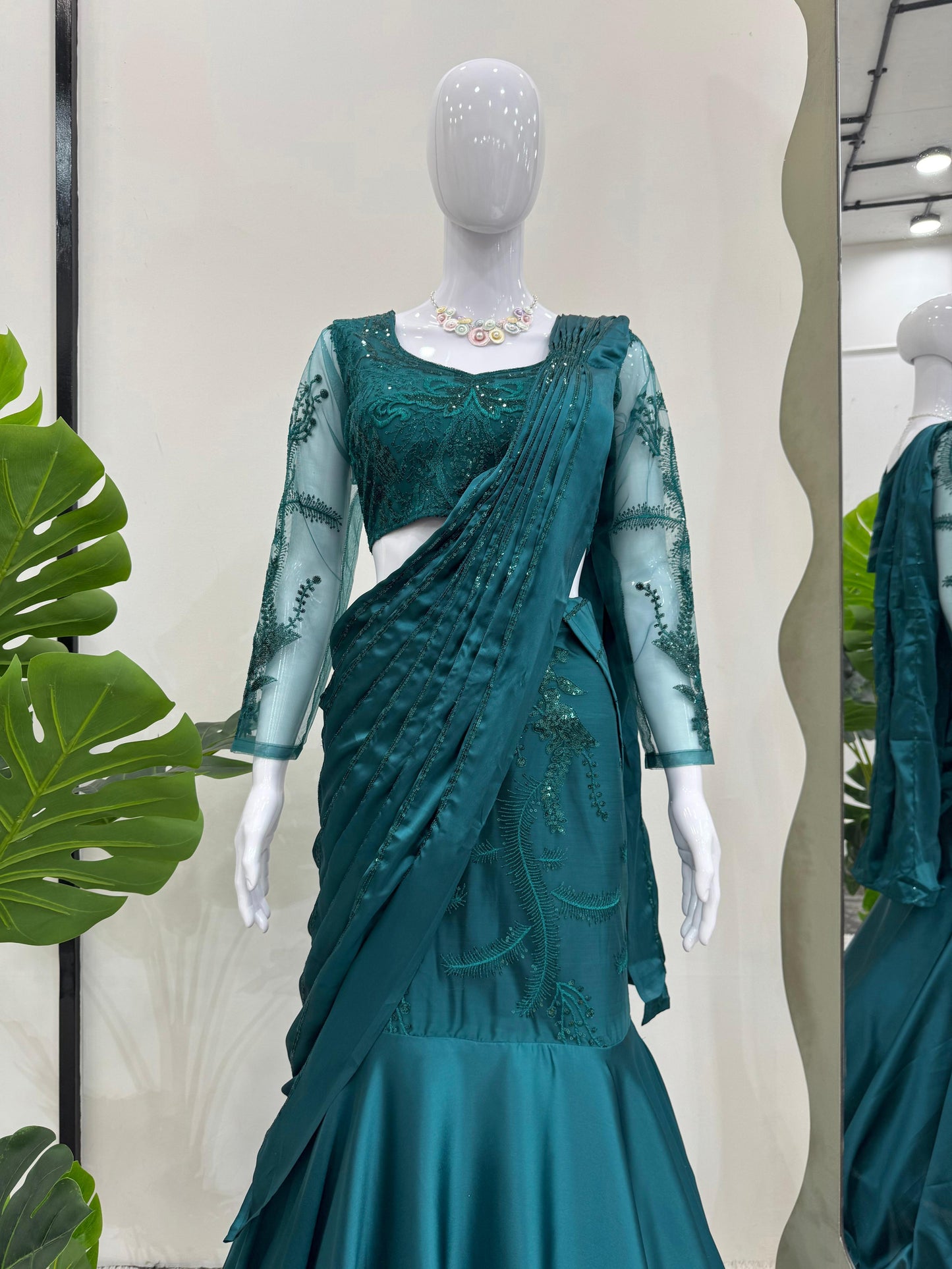 Exotic Japan Satin Teal Blue Color Lehenga Saree